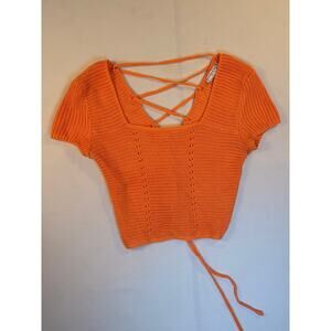 Jolie & Joy Orange Crochet Knit Lace Up Corset Crop Top Medium